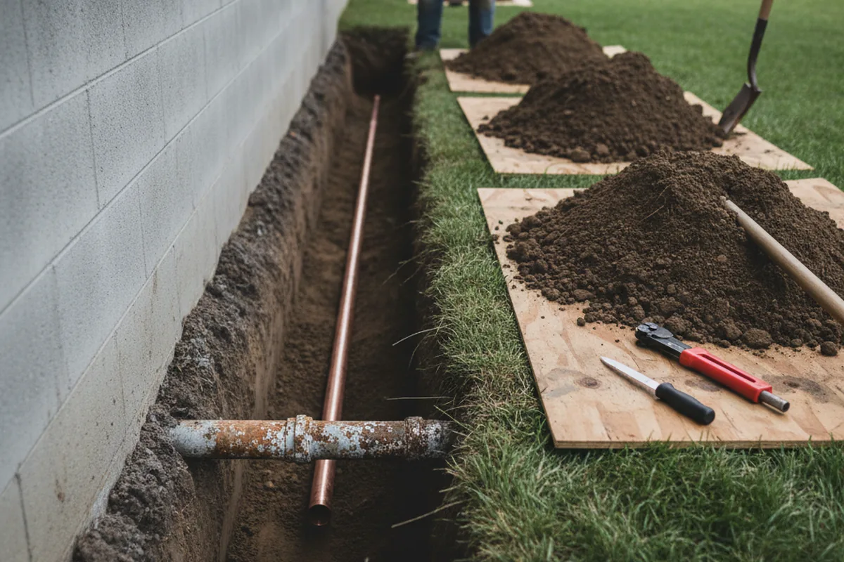 Excavated water line trench during Water Heater Repair in Dunreith